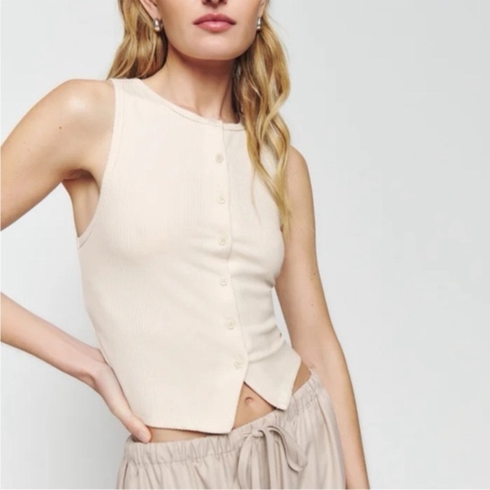Reformation Soft Cream Ribbed Button Tank